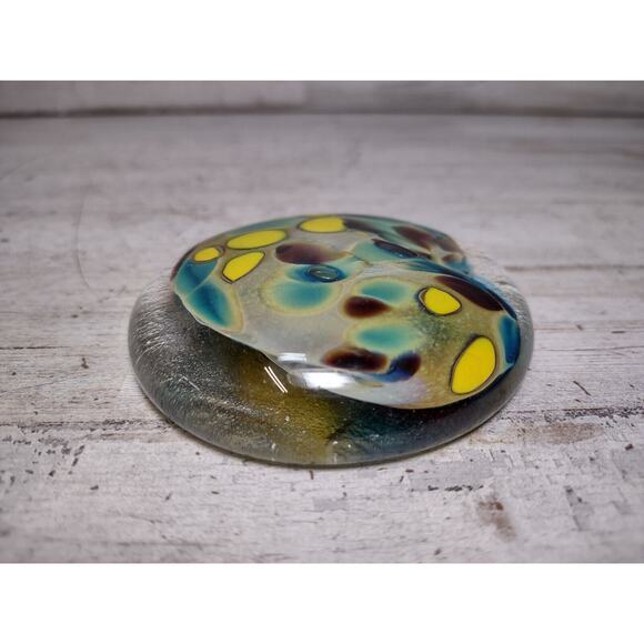 Bedrock Industries Recycled Glass Round Flat Paperweight Spots Yellow Brown Blue - Picture 4 of 9